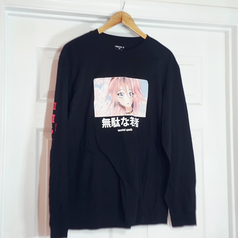 Rare Forever 21 Men Large Wasted Youth Anime Black Long Sleeve T-shirt